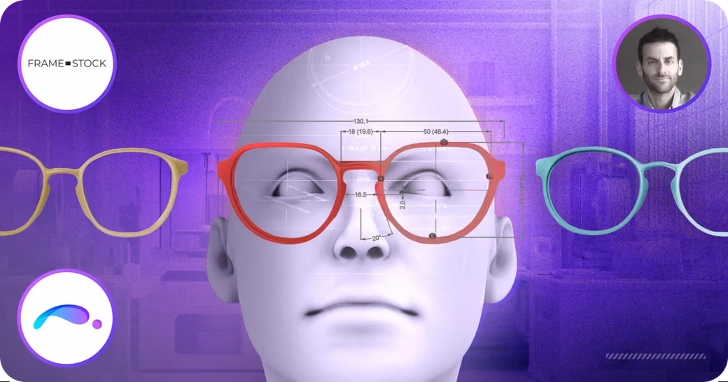Andrés Roppa and the Frame Maker team with colorful 3D-printed eyeglass frames and parametric design measurements.