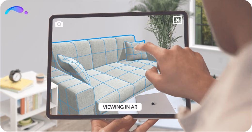 Tablet displaying a 3D couch with AR overlay in a real living room, labeled Viewing in AR.