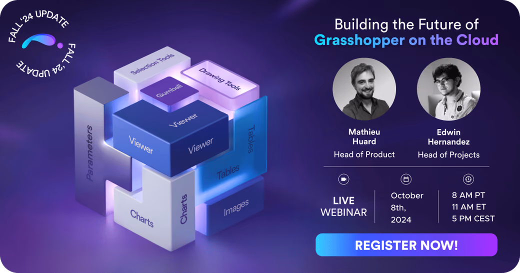 Promotional poster for ShapeDiver Fall '24 Update webinar featuring isometric 3D component blocks, speaker photos for Mathieu Huard and Edwin Hernandez, and event details for October 8th, 2024.