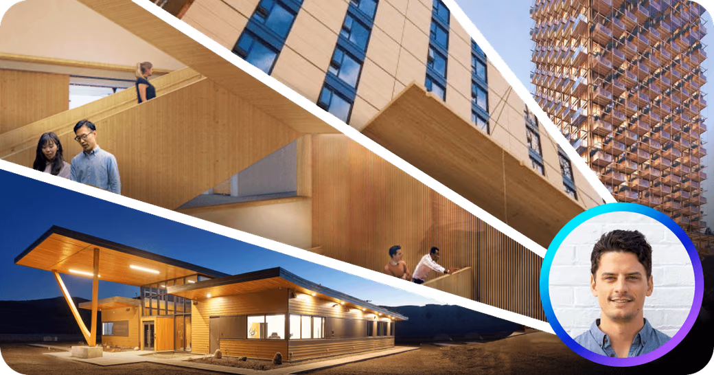 Fast+Epp office interior with mass timber construction, a high-rise tower in background, and portrait of Tobias Fast