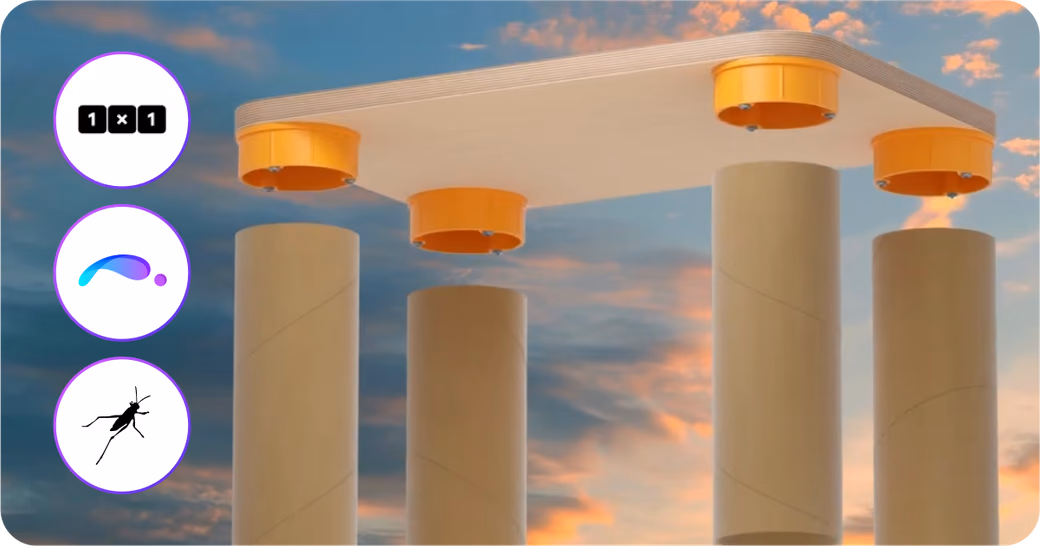 1x1 modular design system featuring 3D-rendered cylindrical supports with customizable orange bowl fixtures.