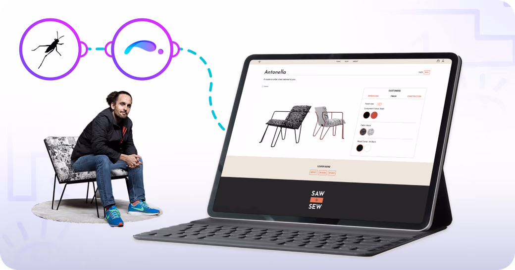Winston Ferguson sits on a Saw & Sew chair while using the brand's furniture configurator on a tablet.