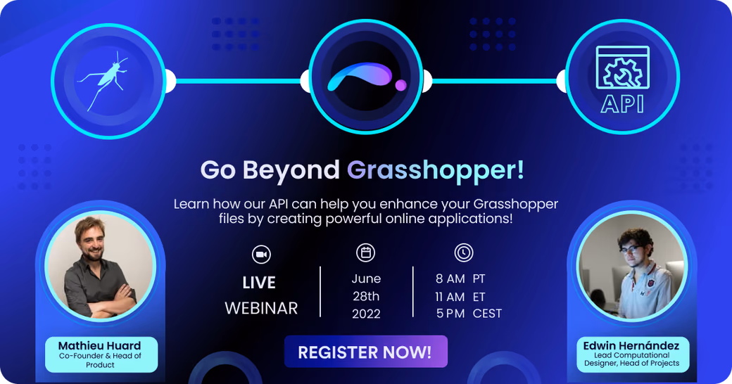 Webinar announcement for "Go Beyond Grasshopper" API training on June 28, 2022
