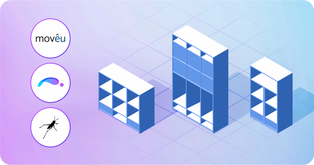 Movêu logo with stylized isometric shelving units in blue and white