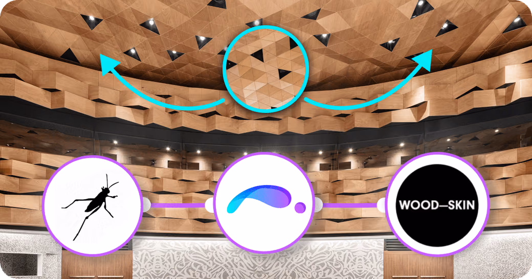 Complex wooden ceiling installation with geometric patterns designed by WOOD-SKIN