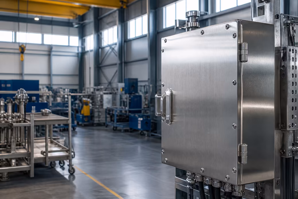 A brushed stainless-steel electrical enclosure with cable glands, mounted on a frame in a bright factory hall.