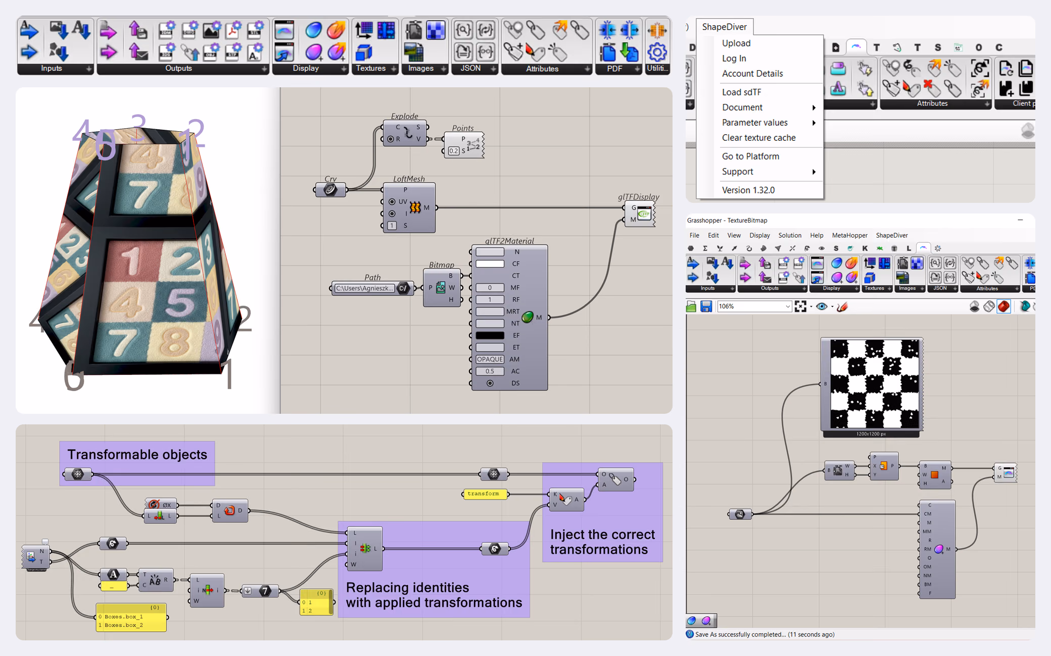Collage of the ShapeDiver plug-in in Grasshopper: its toolbar with component groups from Inputs and Outputs to Attributes, PDF, and Utilities; a textured lofted mesh beside the definition that makes it; an annotated definition that injects transformations; the ShapeDiver menu with Upload at the top; and a Grasshopper window with ShapeDiver components previewing a bitmap texture.